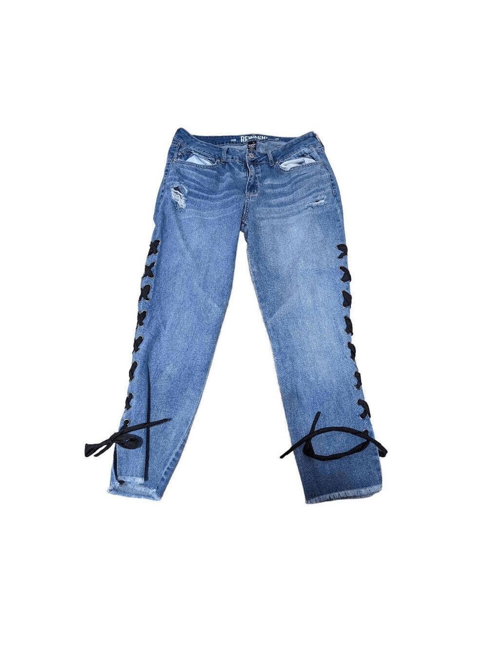 Rewash Women's Blue Ribbon Lace-Up Side Straight Distressed Jeans Size 15R